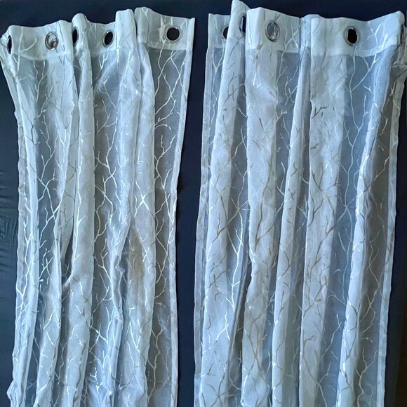 Sheer Curtains 52"W x 84"L White with Silver Tree Branches Grommet Top 2 Panels - Picture 2 of 5